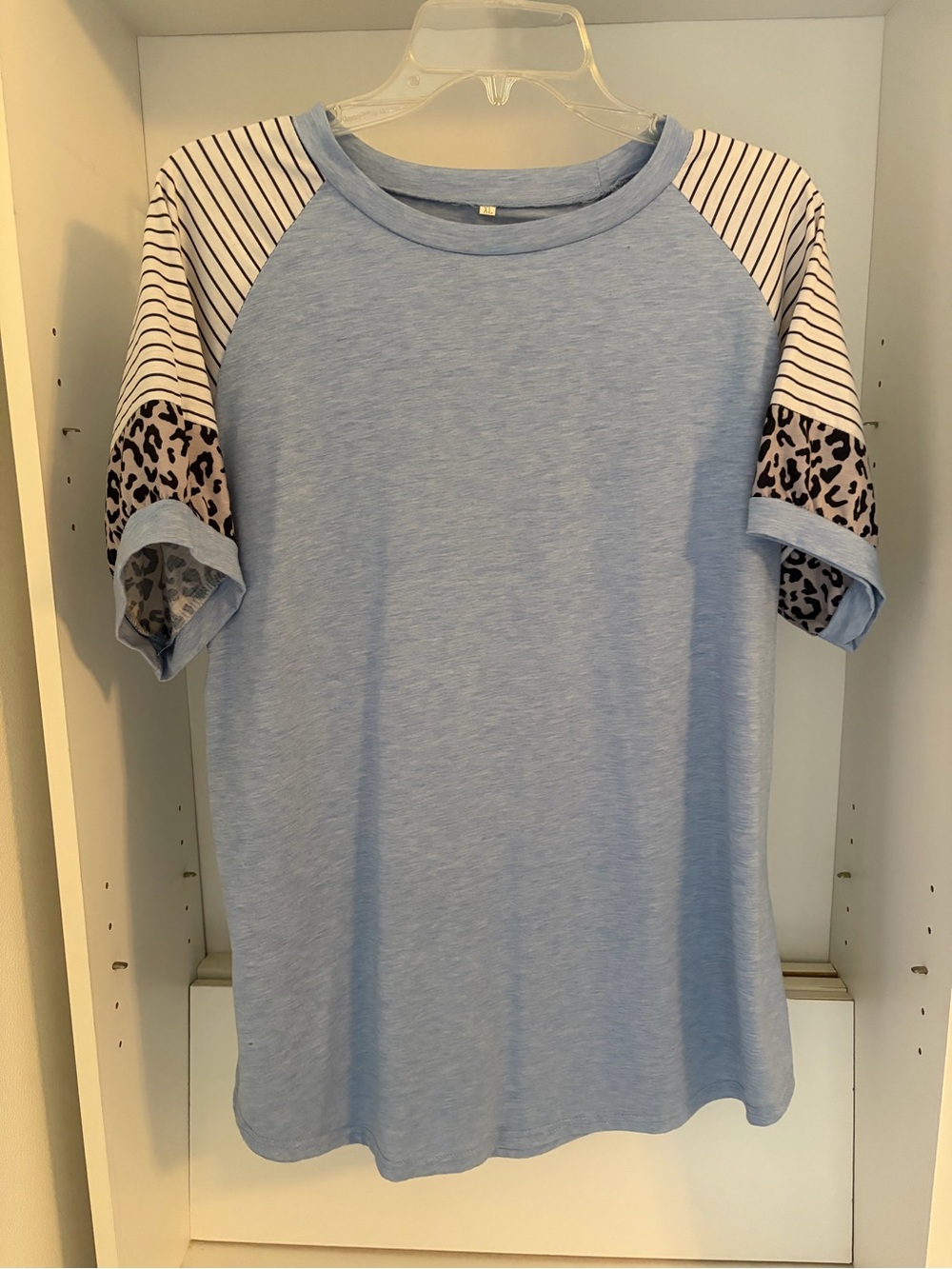 Women’s Light Blue Raglan Sleeve Tee with Striped & Leopard Accents